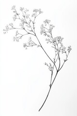black and white transparent line drawing of a Babys Breath, white background, 