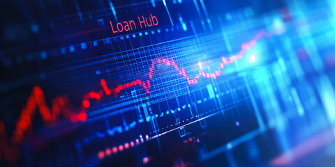A dynamic, futuristic digital interface showing a fluctuating graph, labeled "Loan Hub," indicating financial analysis or data visualization related to loans or financial activities.