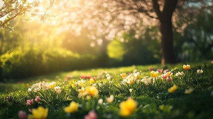 Obraz premium A field of colorful tulips blooming in the sun, with trees and a blurry background.