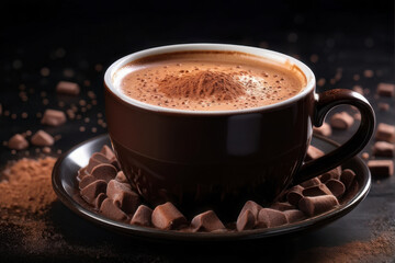 Fototapeta premium Indulge in Warmth: Rich, Creamy Hot Chocolate on a Dark Background. Cozy Winter Treat: Steaming Hot Cocoa. generative AI