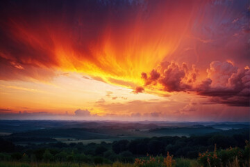 Fototapeta premium Golden Hour Magic: Dramatic Sky at Sunset. Sunset Symphony: Vibrant Colors Painting the Sky. generative AI