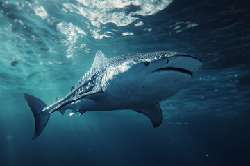 Fototapeta premium Majestic Whale Shark Swimming in the Ocean - A whale shark gracefully glides through the crystal-clear ocean water, its massive size and distinctive spots making it a truly awe-inspiring sight. The sh