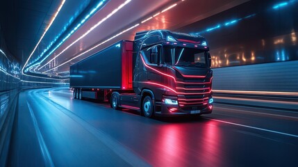 futuristic semitruck speeding through neonlit tunnel sleek aerodynamic design with glowing accents creating sense of motion and technological advancement