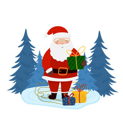 Santa Claus in garland with Christmas tree in flat style. Vector illustration for holiday designs of banner, cover, advertisement, greeting card. Concept of Christmas and New Year