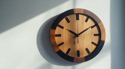 Modern Wooden Wall Clock with Black Accents - A contemporary wooden wall clock with black accents, symbolizing time, precision, design, elegance, and home decor.
