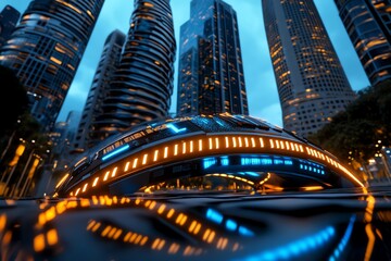 Obraz premium A captivating view of futuristic skyscrapers illuminated by vibrant lights at dusk, reflecting modern urban architecture.
