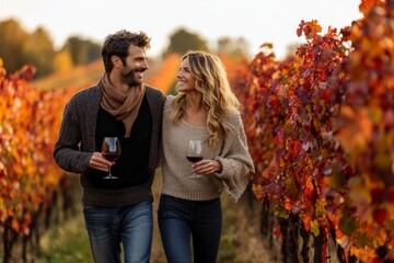 A couple strolls hand-in-hand through a vineyard filled with colorful autumn leaves, sipping rich red wine and smiling at each other.