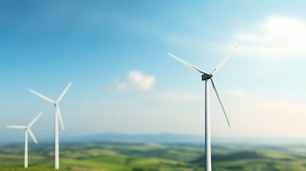 Obraz premium Renewable energy wind turbines, green landscape, sustainable power, 3D illustration