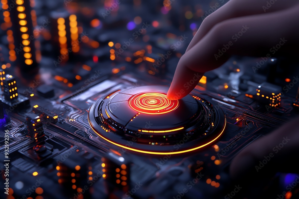Poster A close-up image of a hand interacting with a glowing button on a futuristic circuit board, symbolizing technology and innovation.