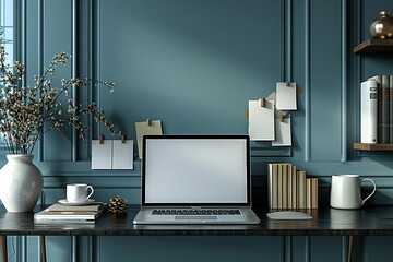 Fototapeta premium A laptop sits on a desk in front of a wall with a blue paint