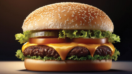 Closeup of a Cheeseburger with Lettuce, Pickles and Tomato