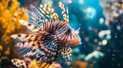 Striking Lionfish with Vibrant Stripes in Underwater Habitat - A vibrant lionfish with intricate stripes, showcasing its stunning beauty and unique patterns in an underwater coral reef habitat.