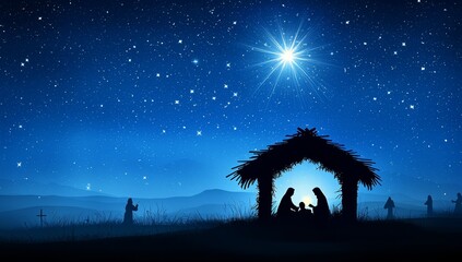 A tranquil Nativity scene is illuminated by a bright star against a starry night sky, capturing the essence of Christmas.