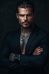 Photograph of a muscular man with a handsome face, confident posture, serious expression, wearing a black suit with the collar of his shirt open to reveal tattoos on his chest and arms, 