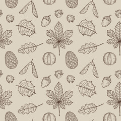 Seamless Pattern with Autumn forest plants, leaves. Hand drawn Vector repeating background with acorn, alder, oak leaf, nuts. The image created without the use of any artificial intelligence software