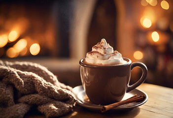 A cozy, cinematic close-up of a steaming mug of hot chocolate topped with whipped cream and a sprinkle of cinnamon, set against the warm, golden glow of a crackling fireplace.