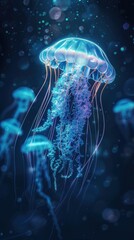 Jellyfish illuminate the dark water, creating a mesmerizing underwater spectacle in their natural habitat
