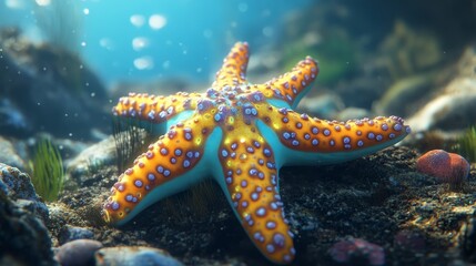 Vibrant Starfish on Ocean Floor - A colorful starfish with yellow and orange markings on a blue and white body rests on the ocean floor. The image captures the beauty of marine life,  the ocean's dept