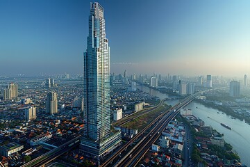 Obraz premium A city skyline with a tall building in the middle