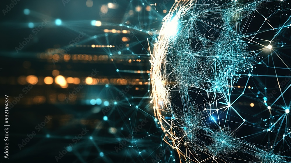 Poster a digital representation of a globe surrounded by interconnected lines of light, illustrating global