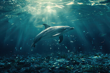 Fototapeta premium Sea dolphin swims in plastic pollution in underwater sea. Environment pollution.