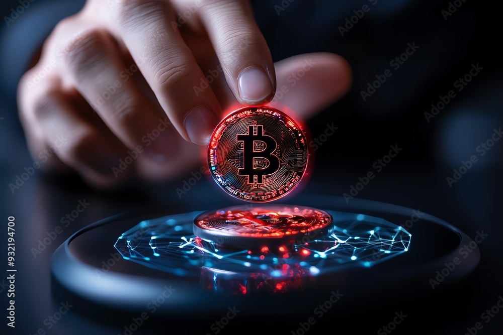 Poster a close-up of a hand placing a glowing bitcoin on a futuristic surface, symbolizing cryptocurrency a
