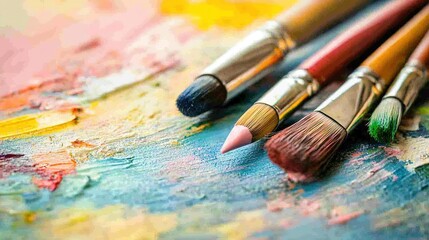 Fototapeta premium Colorful paintbrushes resting on a vibrant art palette showcasing various hues in an artist's studio
