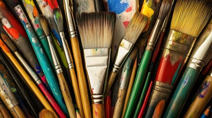 Fototapeta premium A collection of paintbrushes covered in vibrant colors arranged on an artist's work surface