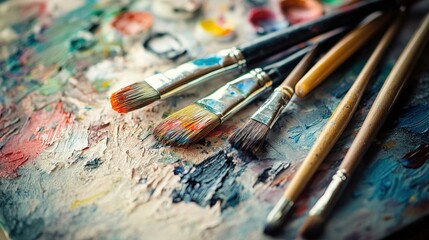Fototapeta premium Artistic brushes resting on a vibrant paint-splattered surface in a creative studio