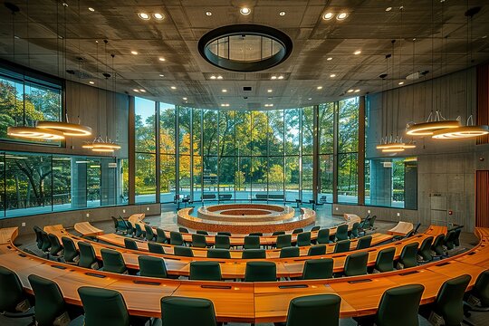 A large auditorium with a circular stage and rows of chairs