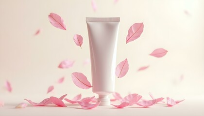 White tube Mockup, Mockup of toothpaste in a plain white tube in daylight, with floating pieces of cherry blossom leaves,