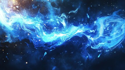 Swirling blue energy against a dark background illuminated by shimmering particles