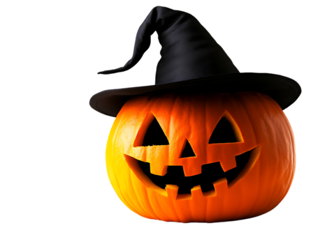 A carved pumpkin with a mischievous grin wears a black witch hat.  Perfect for Halloween decorations or spooky themes.