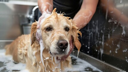 Golden Retriever Getting a Bath at Grooming Salon - Dog Grooming, Pet Care, Hygiene. Generative ai