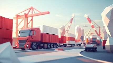 Trucks maneuvering through a busy shipping port during sunset with cranes and cargo containers