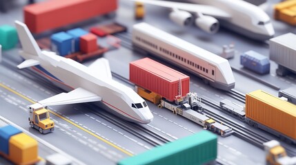 Airplane and train models on a busy transport layout with shipping containers in a miniature setting