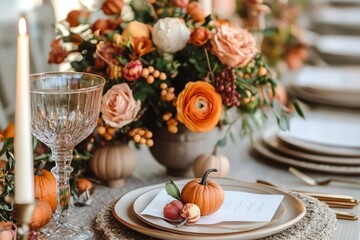 A beautifully arranged autumn table features a floral centerpiece with warm tones, pumpkins, and elegant table settings in an inviting atmosphere.