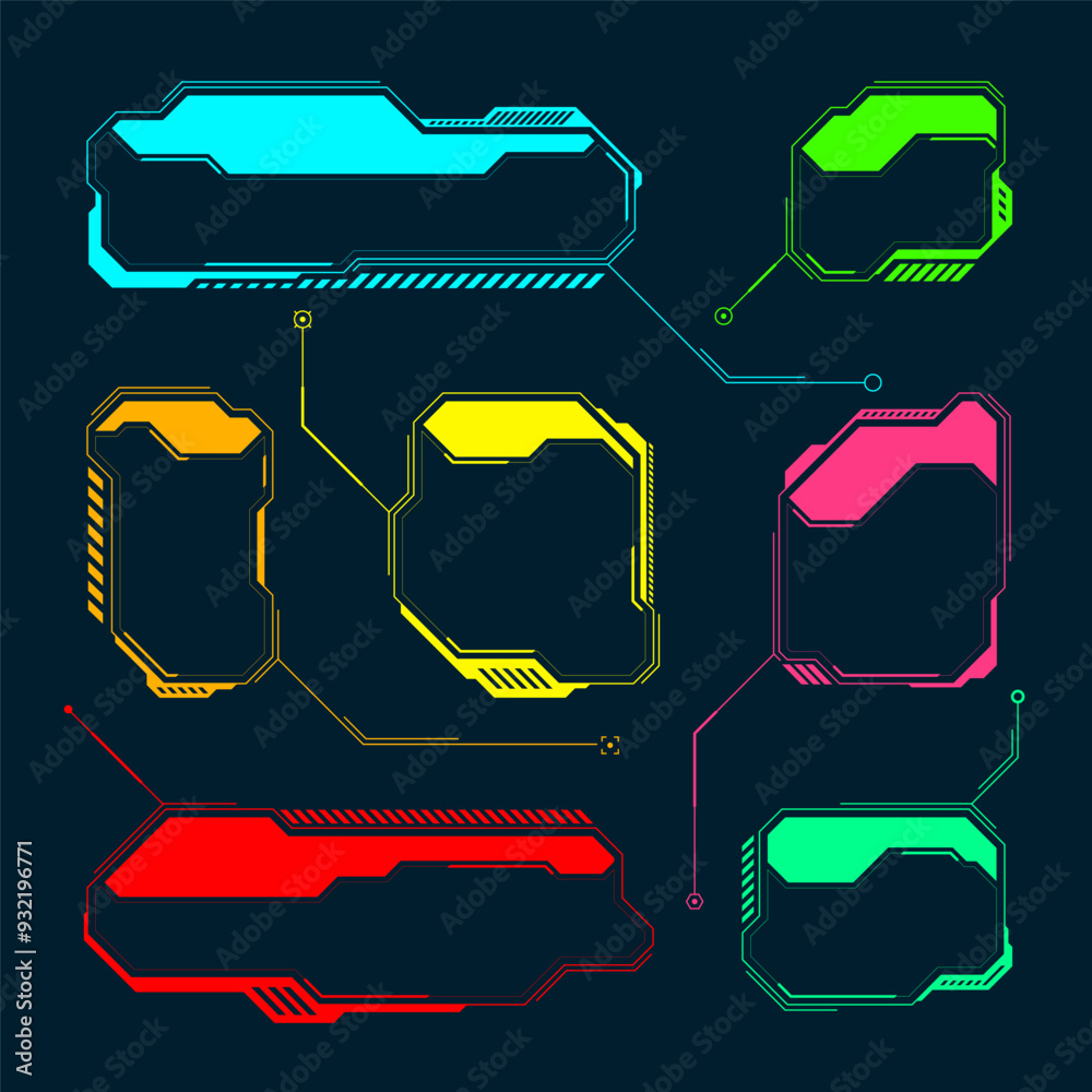 Poster futuristic hud or ui elements. sci-fi user interface text boxes, callouts. colorful warning message 