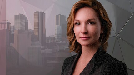 Fototapeta premium Professional female executive posing confidently against a city skyline during daylight
