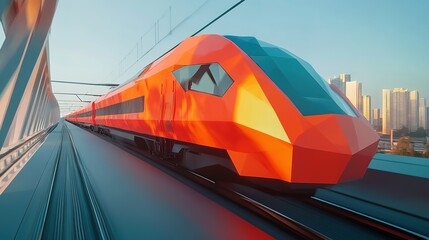 A vibrant geometric train travels swiftly across a bridge as skyscrapers rise in the background during sunset