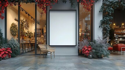 Mockup, Blank Poster Frame, sitting in front of a Christmas Shop, Christmas Decoration around it	