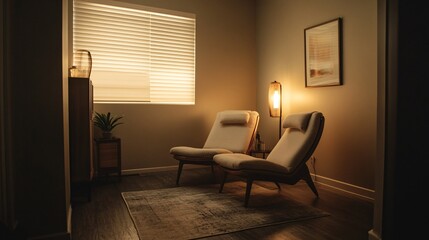 A calm and inviting hypnotherapy room with soft lighting and comfortable seating, promoting a sense of peace