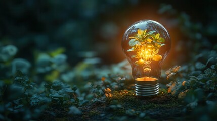 glowing ecofriendly light bulb sprouting lush green plants from within surrounded by a soft green aura against a dark background symbolizing sustainable energy innovation