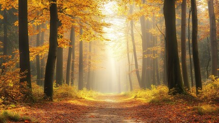 Obraz premium A serene path through a sunlit autumn forest in the early morning