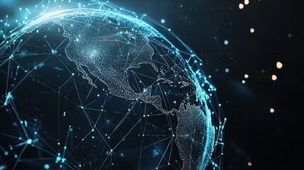 Digital globe illuminated by interconnected data points against a dark background, representing global networks and technology
