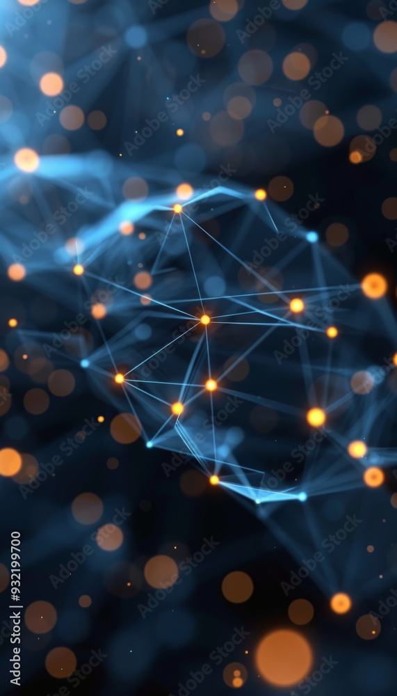 Poster a dynamic display of interconnected glowing nodes against a dark backdrop, illustrating a network de