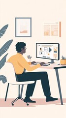 An informaticist engaged in a virtual meeting, showcasing digital communication tools on a minimalist desk against a light solid color background