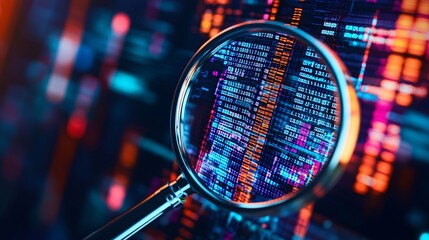 A close-up of a magnifying glass over a digital security report, symbolizing attention to detail in information security audits