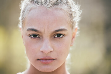 Fitness, woman and confident in nature for portrait, wellness and determination for exercise....