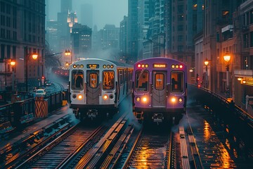 Two trains are on the tracks in the rain